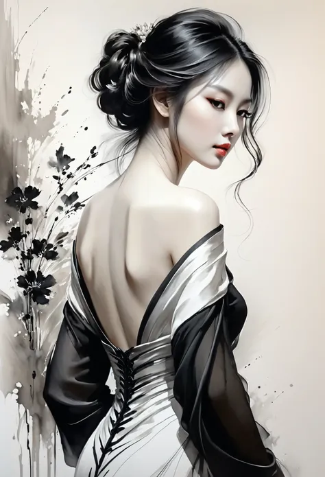 elegant maiden，black andwhite水墨画，loose brushwork，pen outlines delicate lines，fluid action，subtle shades of paint，elegant posture...