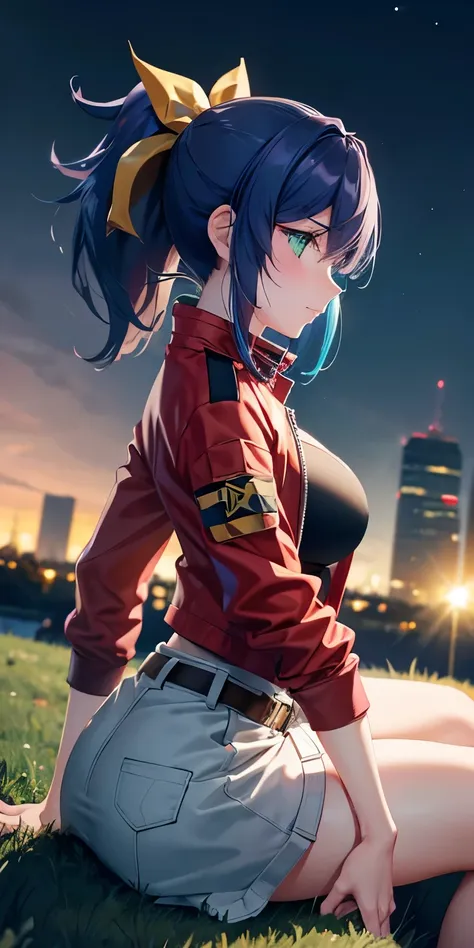 1 Female,High definition,high resolution,Ultra-realistic,8K, aaserena, ponytail,(multicolored hair),green eyes,red jacket,black shirt,belt,white skirt, tight skirt, miniskirt,European,sexy,Upper body close-up,Photographed from the front,Dynamic Angles,priv...