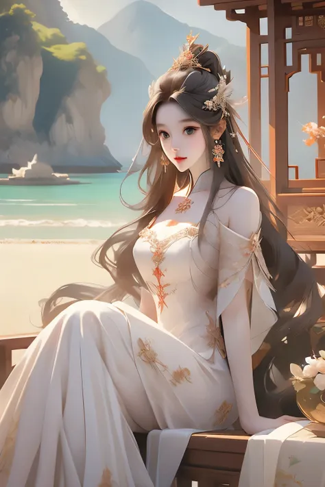 a beautiful woman sitting on the beach holding a clock, the sea queen mu yanling, a gorgeous digital art masterpiece, 4k highly ...