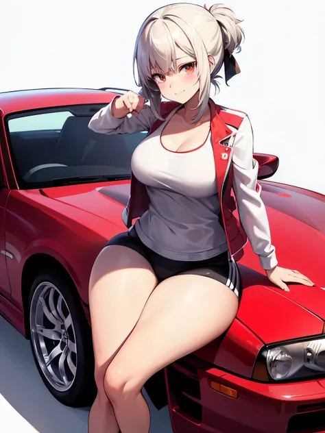 masterpiece, best quality, ultra-detailed, illustrator,1girl, white hair tied back , white tanktop, wearing a red and white jack...