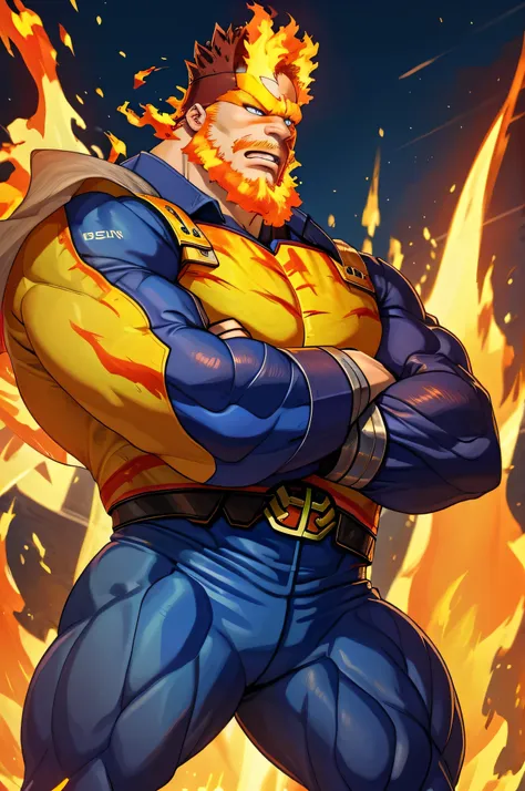 (masterpiece, best quality:1.2) solo, male focus, 1boy, endeavor, muscular male, large pectorals, expressionless, closed mouth, looking at viewer, crossed arms, superhero, blue bodysuit, fingerless gloves, fire