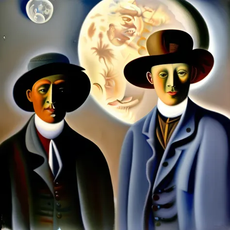 painting of three men in hats and the moon in the sky