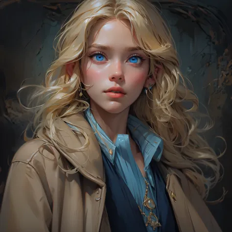 envision a close up portrait of a beautiful english girl named amelia watson with medium long blonde hair, and bright blue eyes ...