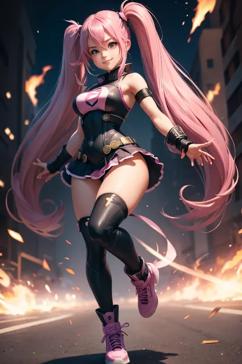 One person, Sexy Hero、 girl、Pink Hair、Very long hair, Twin tails, Full body portrait、Fighting pose、、Big eyes、Round face、Smiling with teeth showing, 