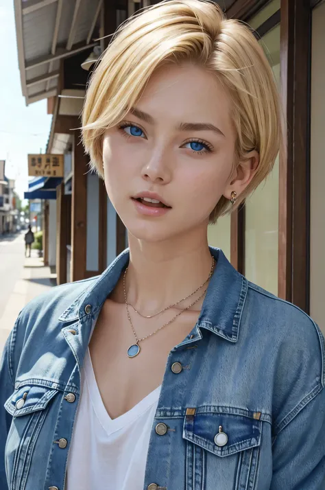 Blonde Caucasian Woman、、Short Haircut、, blue eyes,、Open your mouth a little、Denim jacket、shirt、Ear piercing、necklace、、The background is a town street
