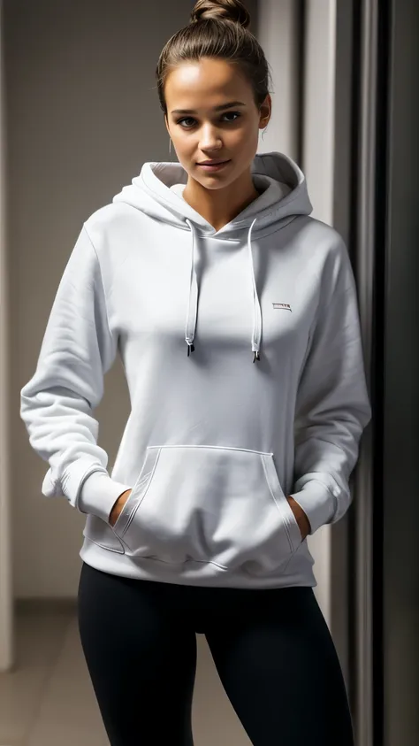 Foto hiperrealista en primer plano de Alicia Vikander, masterpiece, best quality, (photorealistic:1.4), full body, (white hoodie dress:1.1), (black yoga pants) inside the office the office is in dark, shadows on the walls from the night lamp. darkness, cin...