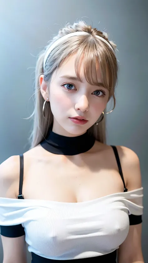 Highest quality, Ultra-high resolution, (Realistic:1.4), One person, off-the-shoulder white shirt, Black tight skirt, Black choker, (Faded grey hair:1), (Huge breasts:1.2), View your viewers, close ,