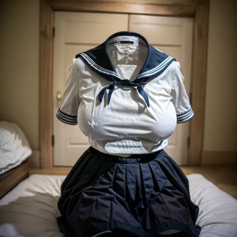 (invisible:1.5, no humans:1.5, headless:1.5, handless, legless), grey skirt, neck ribbon, ribbon, sailor collar, skirt, sailor collar, (cute big breast:1.4), sitting in bed, 
(8k, RAW photo, best quality, masterpiece:1.2), (realistic, photo-realistic:1.37)...