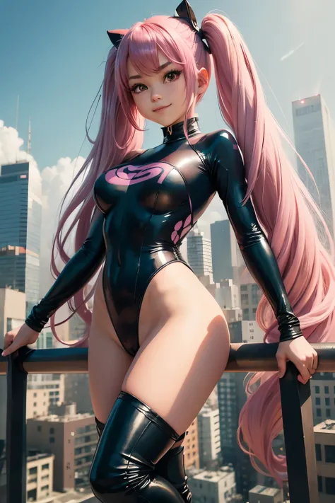 One person, Sexy Hero、leotard、Thigh-high boots、 girl、Pink Hair、Very long hair, Twin tails, Full body portrait、、Big eyes、Round face、Grin、Future City、ＳＦ、Standing with your legs apart、Sci-fi style sword