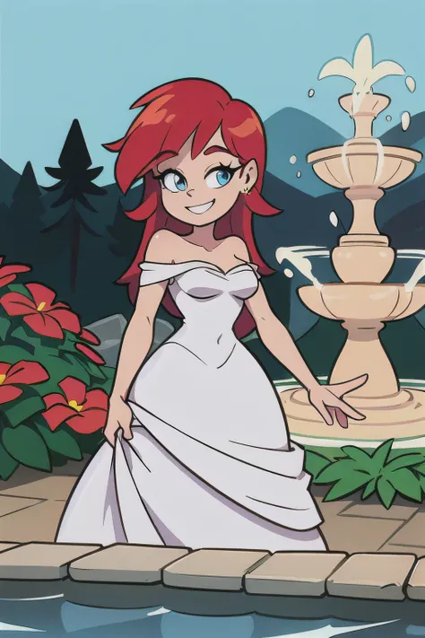 Best quality, Beautiful lighting, Ariel, long bright red hair, blue eyes, happy, 1 girl, solo, Bare Neck, Bare Arms, Bare Shoulders, white dress, Strapless White Ruffle Off-the-Shoulder Top, Long Skirt, Garden Background, water fountain, standing, looking ...