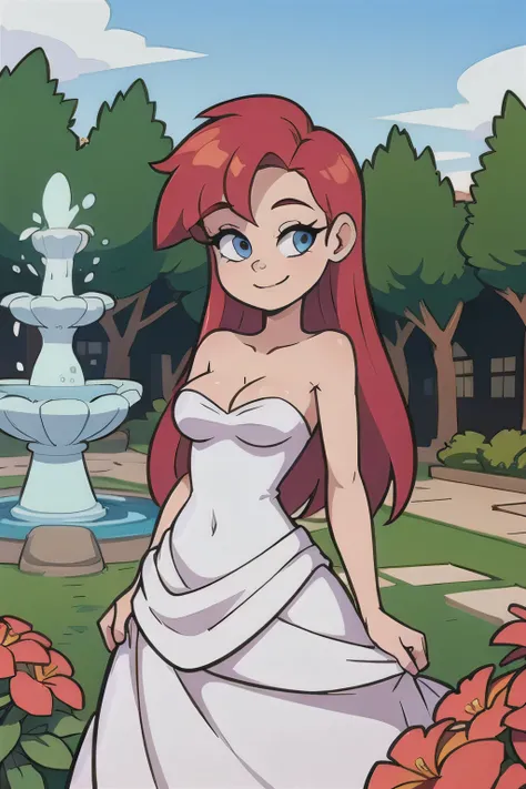 Best quality, Beautiful lighting, Ariel, long bright red hair, blue eyes, happy, 1 girl, solo, Bare Neck, Bare Arms, Bare Shoulders, white dress, Strapless White Ruffle Off-the-Shoulder Top, Long Skirt, Garden Background, water fountain, standing, looking ...