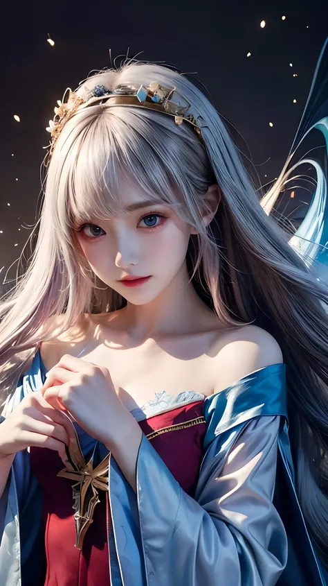 The perfect human structure、Blowing in the wind、long whitr hair、abyss eyes、glowy skin、oiled、small tits、Wizard robes、Tattered fabric、Realistic coat、Think、Super delicate CG Unity 32k wallpaper、tmasterpiece, ((ultra - detailed)), ((illustratio)),Extremely col...