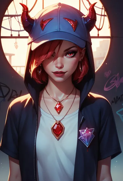 foreground,simple background,Background with neon rays of various colors,hyperdetailed,well defined details,hyper realistic,1 girl,graffiti hood,demon shirt,pierce,blood gem pendant