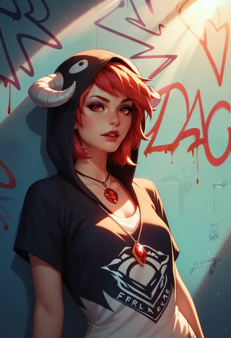 foreground,simple background,Background with neon rays of various colors,hyperdetailed,well defined details,hyper realistic,1 girl,graffiti hood,demon shirt,pierce,blood gem pendant