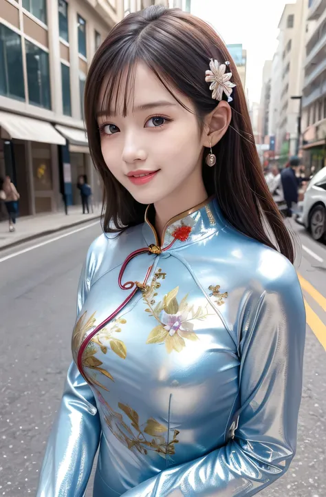 very cute girl, super cute face,clear attractive eyes, detailed Beautiful eyes,smiling,(realistic photograph), Super shiny metallic gorgeous vivid colored latex long sleeves cheongsam, flowers pattern design cheongsam,
Costume lighting,in the street 