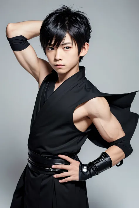 Anime style, japanese kid, male ninja kid , clothes(black kimono, fingerless gloves, black ninja mask), appearance(black short hair, handsome), arms and shoulders exposed, no muscle, raising left arm holding shuriken, no armpit hair, elementary student