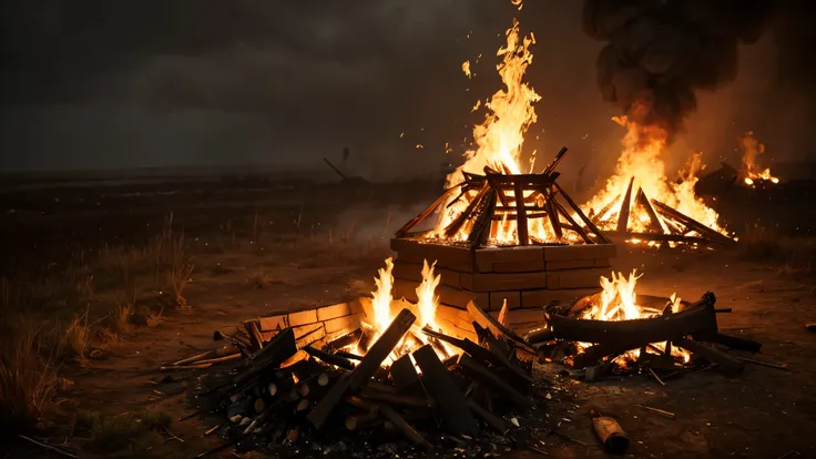 a highly detailed image of a  funeral pyre for a native american indian, the flames have burned out and all that is left if burnt ashes, some floating in the air.  A rainy, cloudy day,  hyper realistic, 4k