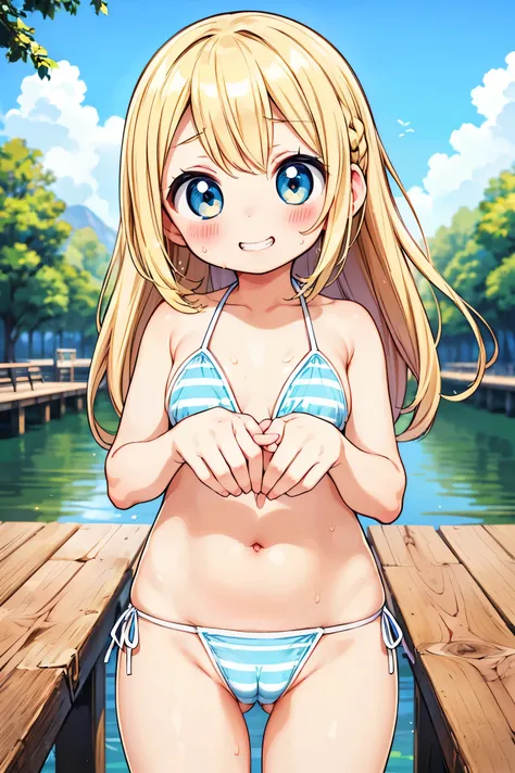 Beautiful illustration, best quality, cute girl, ((Dock as background)), ((Standing)), pastel color, natural tones, ((Blonde hair)), ((Cute girl)), ((Looking at viewer)), ((Slender body)), ((Blue Striped bikini)), ((Cameltoe)), ((Sweat)), ((Grin)), (Blush)...