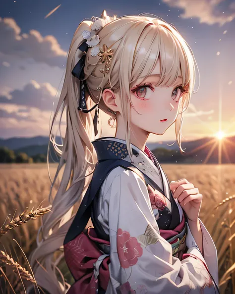 A girl in a kimono stands expressionless in a wheat field up to her waist, Black kimono with gold rimming, her hair is tied in a ponytail, Yellow Eyes, The sunset in her eyes, The light hits her face, Half landscape orientation to the camera