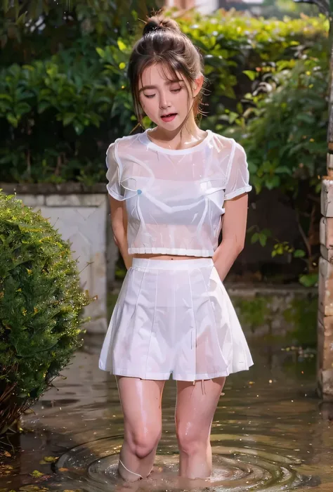 (highest quality, masterpiece, 4k, photograph, fine:1.4), (cute crying girl in soaked short white nylon mini skirt:1.3), garden,...