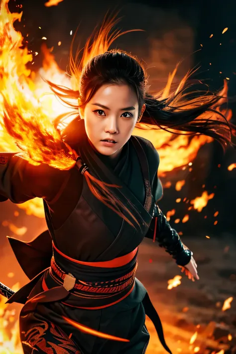 Highest quality, Realistic, Very detailed, finely, High resolution, 8k、Beautiful Japanese female ninja、Running in flames