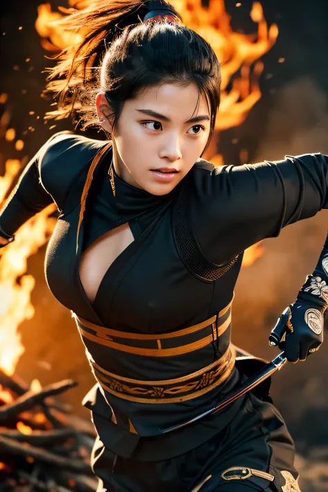 Highest quality, Realistic, Very detailed, finely, High resolution, 8k、Beautiful Japanese female ninja、Running on fire