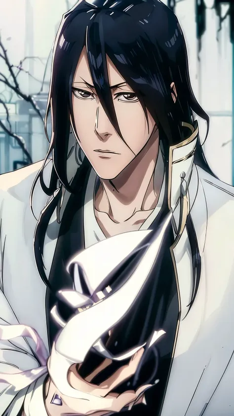 byakuya kuchiki from bleach, handsome, male, black hair, medium-long hair, face detailed, perfect eyes,black clothes, white jack...