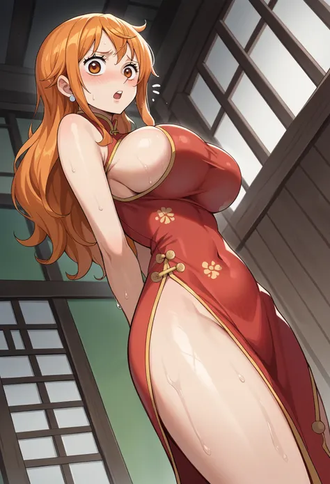 score_9, score_8_up, score_7_up, source_anime, best quality, clear face, Nami, orange hair, orange eyes, long hair, large breasts, perfect body, standing, looking at viewer, shocked, china dress, red clothes, dynamic angle, indoor, wet clothes,blushing,emb...