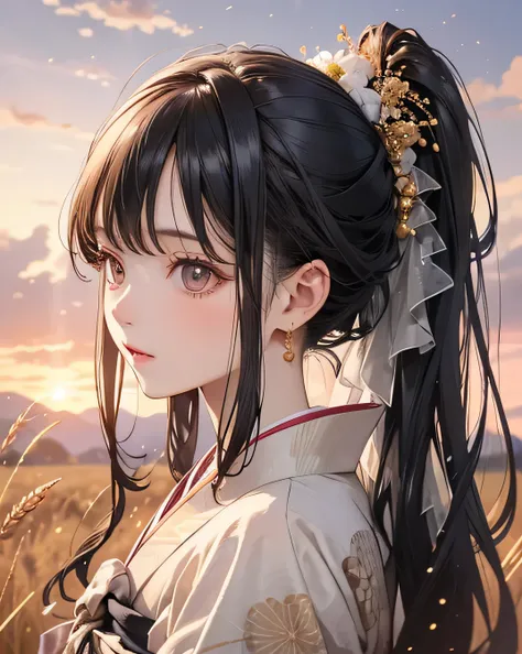 Highest quality, masterpiece, (Beautifully detailed face), (Beautiful attention to detail), One beautiful woman, A girl in a kimono stands expressionless in a wheat field up to her waist, Black kimono with gold rimming, her hair is tied in a ponytail, Yell...