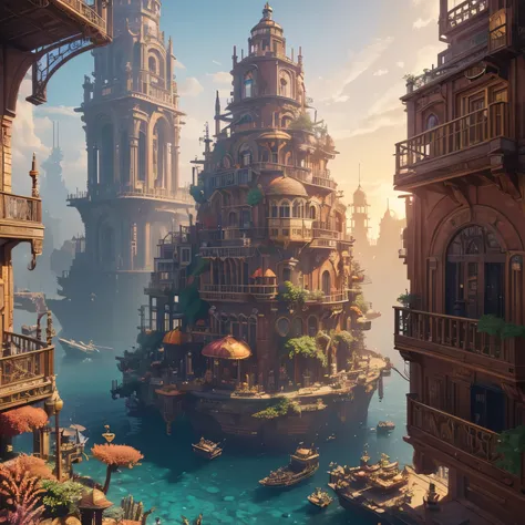 ((Highest quality)), ((masterpiece)), ((Realistic,Digital Art)), (Super detailed),DonMM4ch1n3W0rld Steampunk City Vibrant Coral Ecosystem, Octane Rendering, Ray Tracing, Volumetric lighting, Backlight,Rim Light, 8k, High resolution,