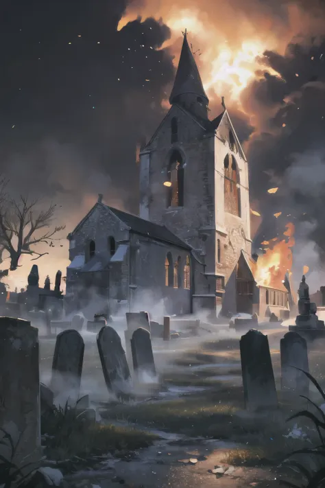 ((masterpiece)), (Highest quality), Official Art, Very detailedCG, unity 8k wallpaper, Super detailed, Very detailed, Detailed Background,
Edobchurch墓地不気味な夜, church, burning church, inflammation, Grave, Black Sky, In the Dark, ,  