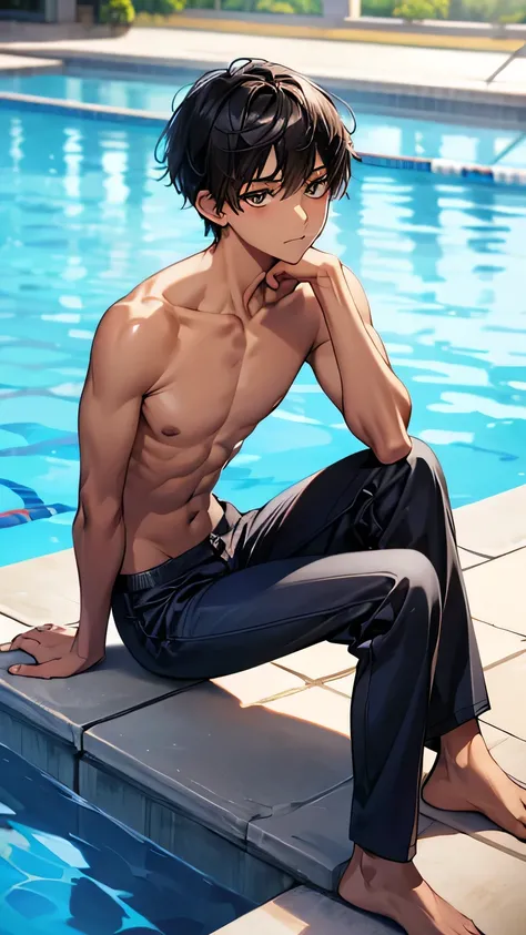 Highest quality、Realistic、、zoom、Primary school students、man、look up、cute、Light grey eyes、Black Hair、short hair、Tanned brown skin、Dark Skin、、Navy blue saltwater pants、Flat Chest、Bust Shot、thin、Pool、Sitting with legs crossed