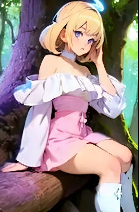 Light blonde haired anime girl with pale blue purple eyes wearing pink off shoulder puffy sleeves dress and knee length white boots sitting in the woods next to an orange mushroom surrounded by fireflies under starry sky sitting  