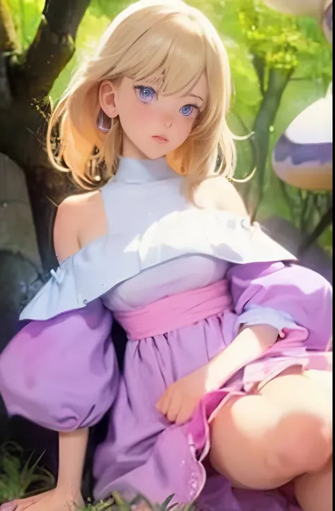 Light blonde haired anime girl with pale blue purple eyes wearing pink off shoulder puffy sleeves dress and knee length white boots sitting in the woods next to an orange mushroom surrounded by fireflies under starry sky sitting  