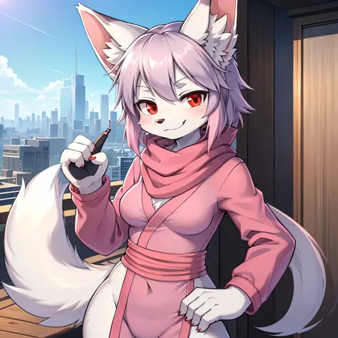 ((masterpiece, best quality)), (anthro furry:1.3, snout:1.2, anthro:1.3, furry:1.2, solo female:1.2, smug smile), Furry, kemono, furry fox, anthropomorphic, female, silver fur, silver skin, red eyes, ninja clothes, sexy clothes, revealing clothes, scarf, (...