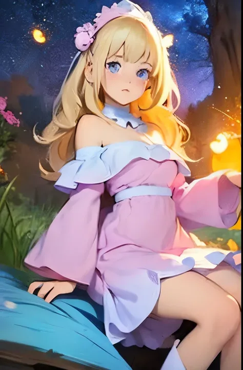 Light blonde haired anime girl with pale blue purple eyes wearing pink off shoulder puffy sleeves dress and knee length white boots sitting in the woods next to an orange mushroom surrounded by fireflies under starry sky sitting  