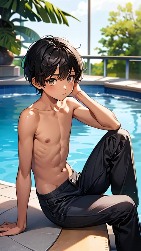 Highest quality、Realistic、、zoom、Primary school students、man、look up、cute、Light grey eyes、Black Hair、short hair、Tanned brown skin、Dark Skin、Naked upper body、Small pants、Flat Chest、Bust Shot、thin、Pool、Sitting with legs crossed