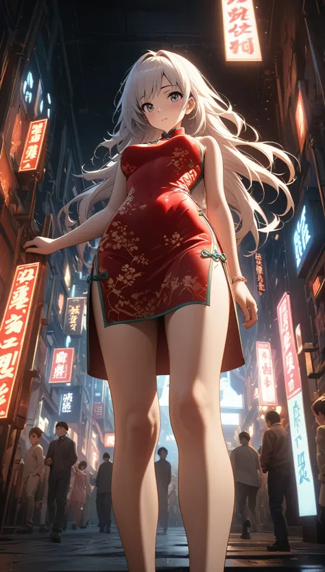 Cheongsam Girl，Long Hair，Pure white background，Depth of written boundary，Low angle view，Calf Level View，Overclocked Renderer，Cinema Lighting，Ultra-fine，Very detailed，complicated，Cinematic Perspective，CG Art，Side zipper