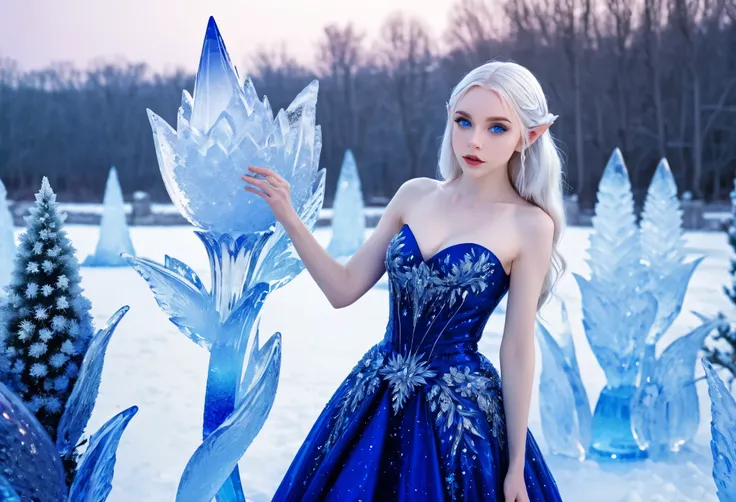 Ice Elf (cute woman, blue skin, deep blue eyes, pointy ears, waist length pale hair, sapphire sequin sparkling evening gown0 inspecting her ice sculpture flower garden in a snow landscape, twilight
