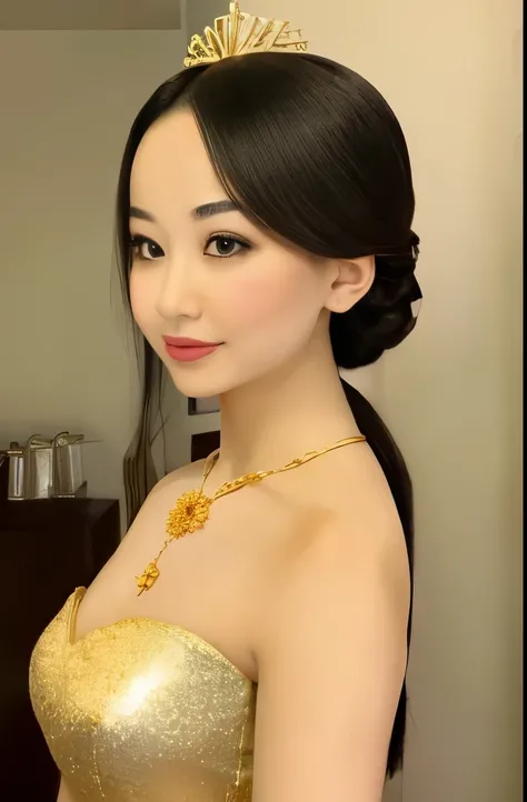 There is a woman in a cheongsam, 2 , 2 , 2 , 3 , delicate makeup, Ye Wen, 2 , round face, cute lian, gold tiara, pearl necklace, jade hairpin