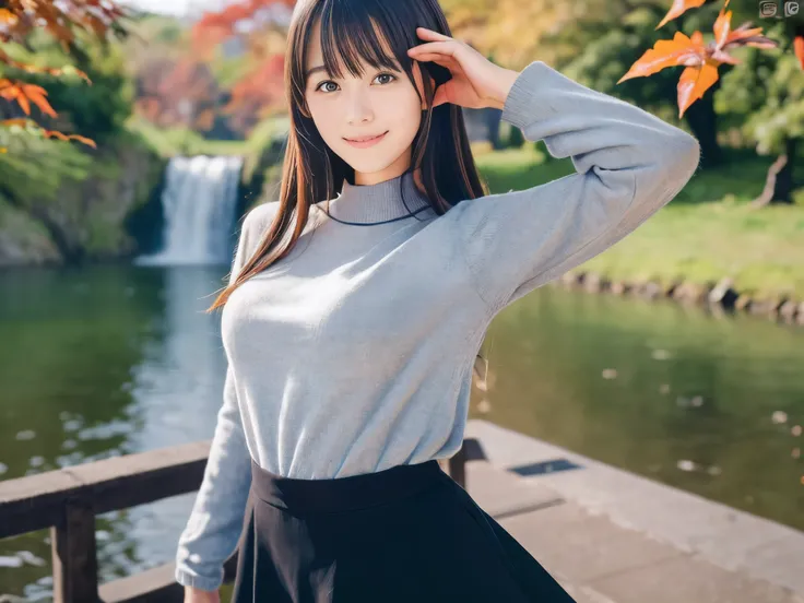 (Close up face shot of one slender small breasts dark silver long hair with swept bangs girl in a long sleeves shirt and sweater and skirt:1.5)、(One girl is dancing with happy smile on the dart road near the lake and big waterfall in Japan:1.5)、(Beautiful ...