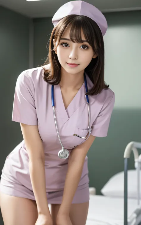 Beauty,  high quality, Complete, In detail, High resolution, 8k wallpaper, whole body, Perfect dynamic composition,  Beautiful attention to detail, Random poses, Charm, Alluring, 20 years old, round face, (nurse), hospital , panty shot, bangs