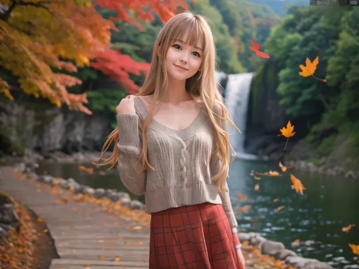 (Close up face shot of one slender small breasts half up blonde long hair with bangs girl in a long sleeves shirt and sweater and skirt:1.5)、(One blonde hair girl is dancing with small smile on the dart road near the lake and big waterfall in Japan:1.5)、(B...
