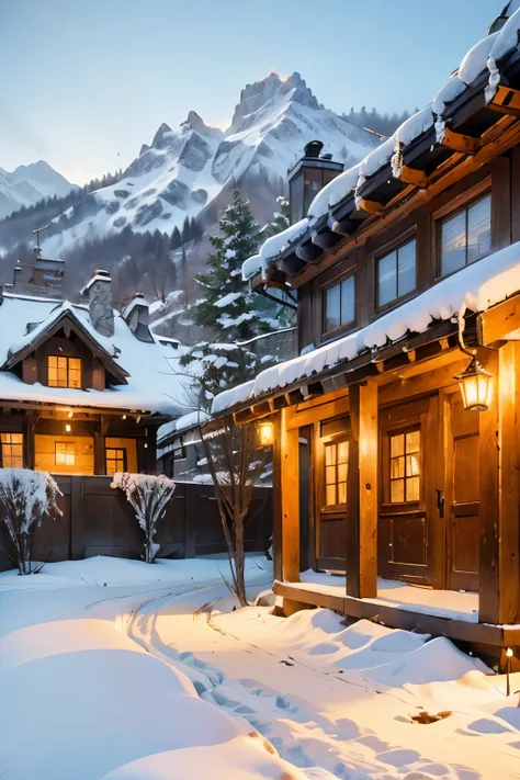 In this fascinating winter scene, An ancient village nestled in the snow. Old wooden house, Decorated with flickering candlelight, Emit a warm and inviting glow. Snow-covered cobblestone streets wind through the village, Leading to the picturesque central ...