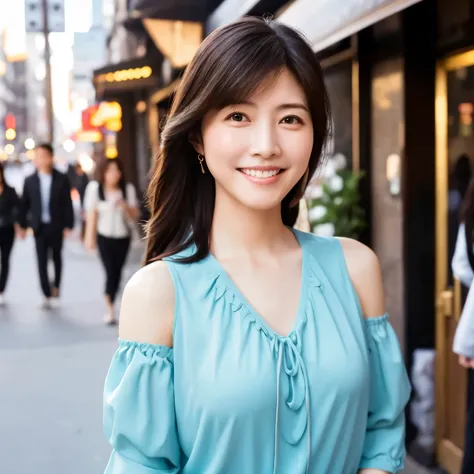 Masterpiece, memorial portrait, Japanese woman, twenty nine years old, slender body, anatomically correct body structure, cute face, slight smile, detailed face, detailed eyes, walking on a street of downtown Los Angels, enjoying a honeymoon