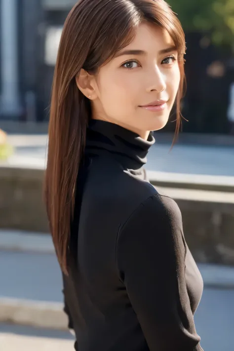((top-quality, in 8K, masterpiece:1.3)), Beautiful Japanese woman, perfect body:1.4, Slim abs:1.2, ((Straight hair:1.2)), (turtle neck:1.1), (a street:1.2), wetbody:1.5, Three-dimensional texture, A detailed eye, Brown hair, very thin waist, posterior view...