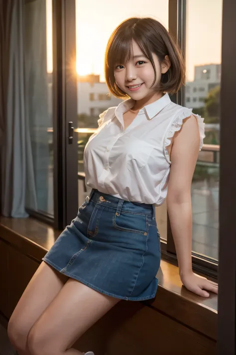 highest quality, masterpiece, Ultra-high resolution, (Reality: 1.4), Original photo, 1 woman, mature, happy smile, short hair, plump body, , Cinema Lighting, from below, ゆったりとした白のワイシャツ, sunset, cowboy shot、High school girls after school,skirtlift:1.4