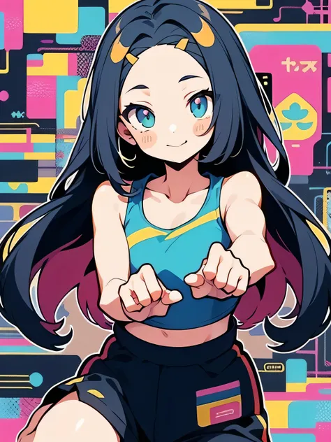 looking at viewer,((dancing pose)),seiza,upperbody,hightquality、((Kawaii 2Girls))、Colorful color palette、high-level image quality、(big forehead),long thin ponytail,(sports bra),Unprecedented amount of drawing、anime styled、Geometric pattern background、front...