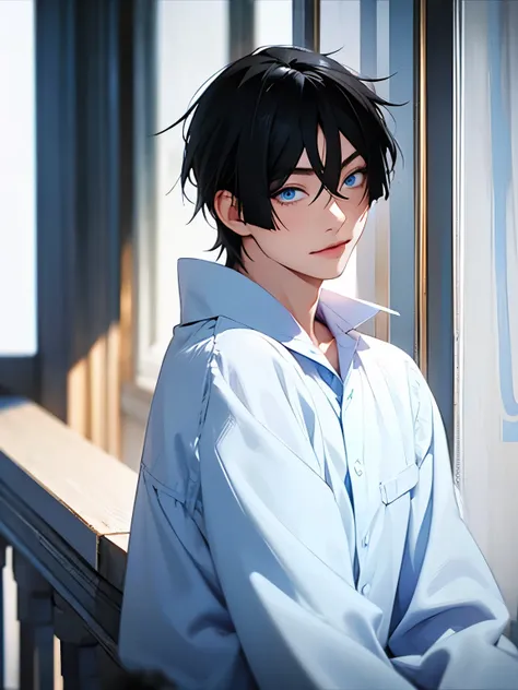 1boy,on the balcony,,black hair, blue eyes, white pajamas,pajamas,close up photo,black hair,short hair