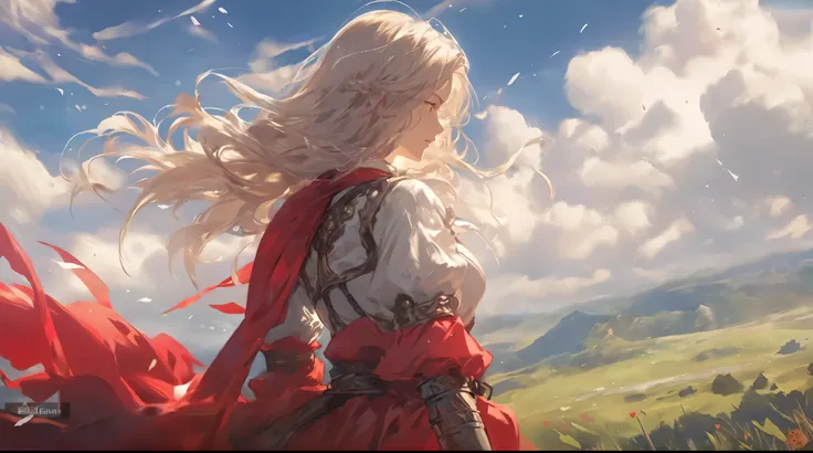 A woman in a red dress and a red cloak is standing in a field,Fantastic,Complex and gorgeous anime CGI style, Anime fantasy artwork, Anime Art Wallpapers 8K, Anime fantasy illustration, Artjam and Athi Gairan, Gwaiz, 2. 5 d cgi Anime fantasy artwork, Anime...